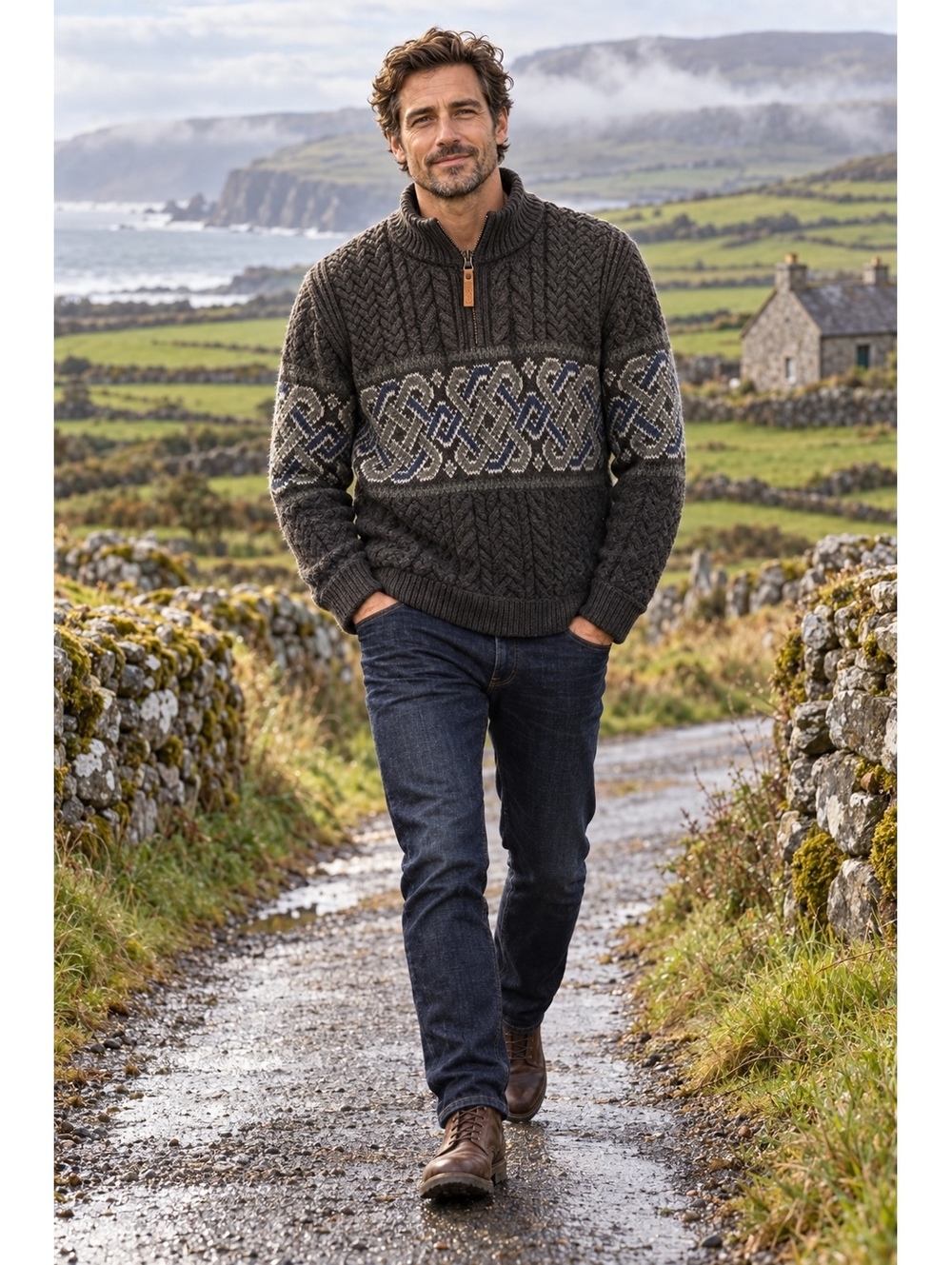 Men’s Large Merino Wool Aran Quarter-Zip Irish Sweater